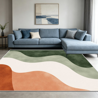 1PC Green Orange Waves area rug, Elegant versatile decorative floor carpet, Easy to clean and maintain, Ideal furnishing piece for bedroom, Living room, Hallway, Entryway, Dorm and Office to refresh your home interior atmosphere