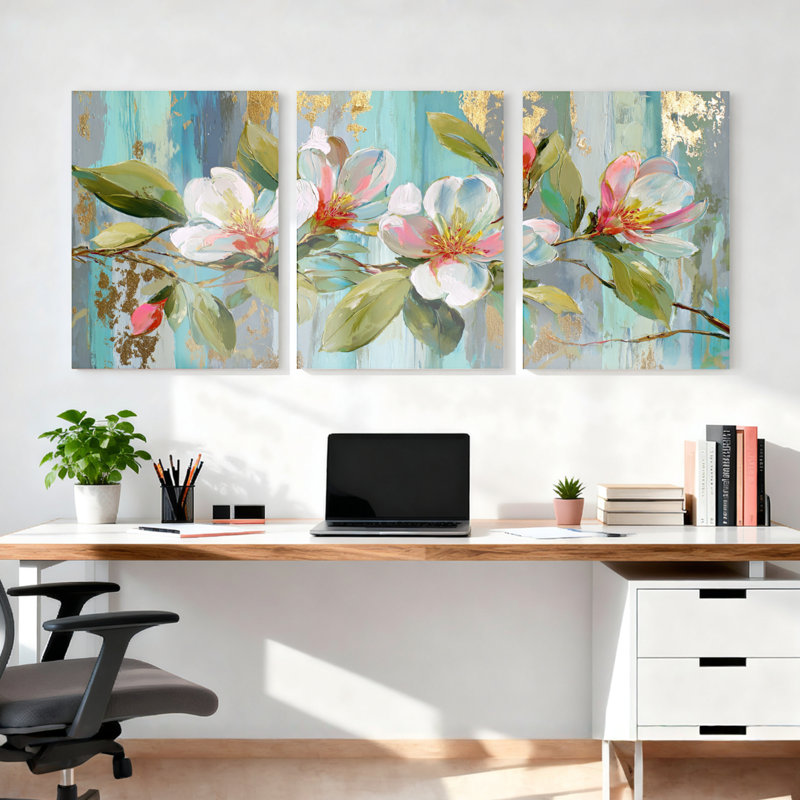 Ensemble de 3 tableaux muraux sur toile à motif floral de magnolia, H 36 po x l 72 po