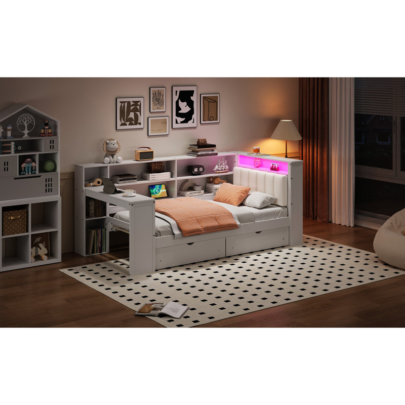 Twin Size Wood Platform Bed With Upholstered Headboard, Ample Storage, Charging Function, 7 - Color Led, Desk And White + Beige Cushion Of Multiple Station, Adjustable