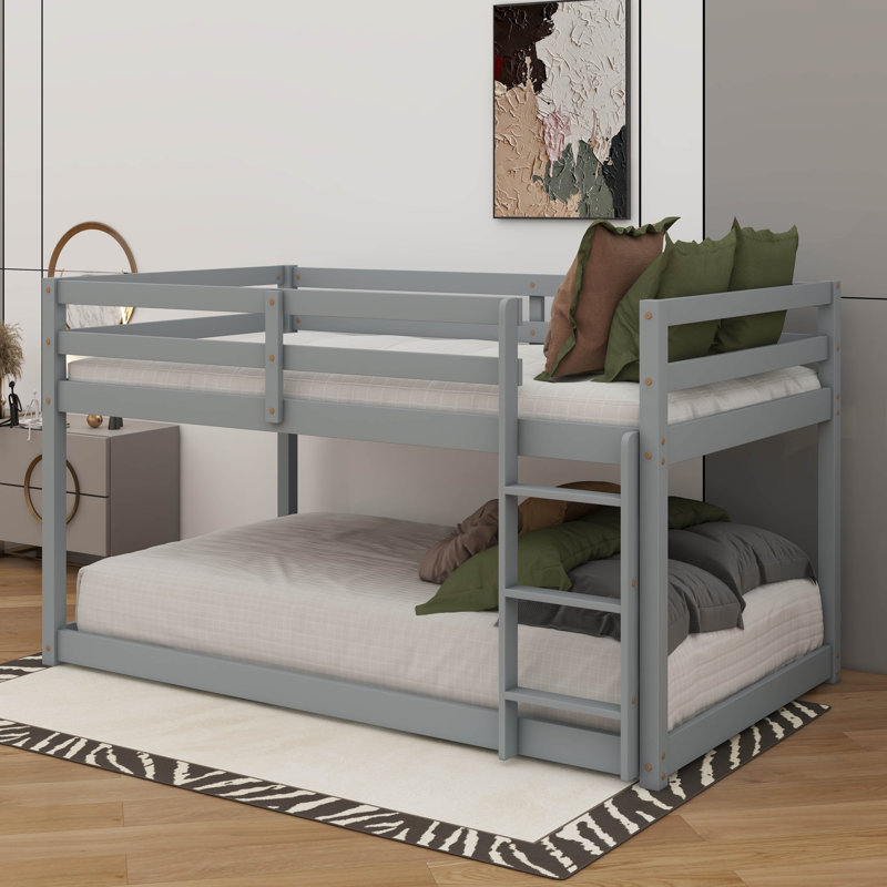 Lit superposé bas simple en bois avec échelle en bois, Gris