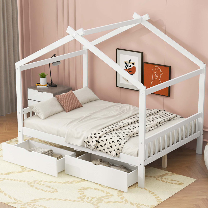 Lit plateforme avec deux tiroirs House, Blanc