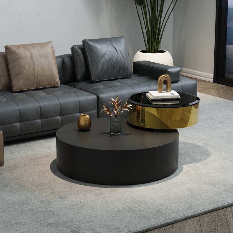 Table basse 31,5 po à 2 niveaux avec plateau pivotant à 360 ° noir et or 31,5 po, Noir, Noir et or