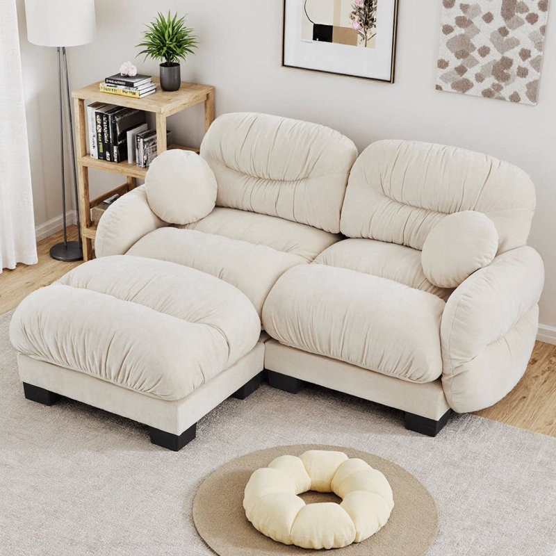 Pleated Chenille Fabric 2-Seater Modular Sofa, L-Shape Sectional Couch with Ottoman, High-Density Cloud Foam Seat, Curved Round Armrests & 2 Round Throw Pillows