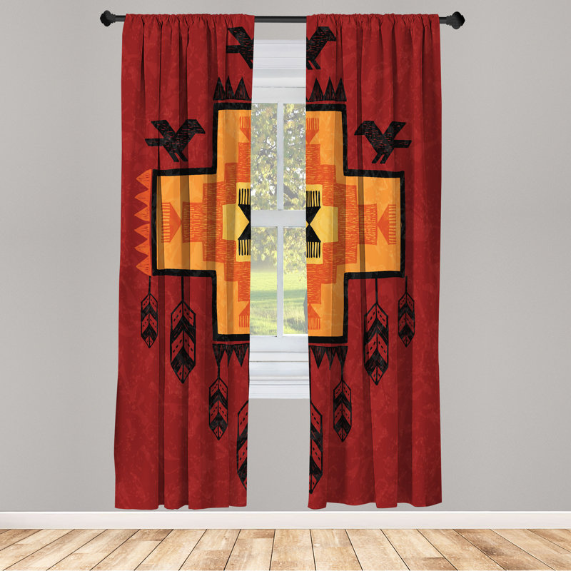 Ebern Designs Tribal Curtains, Dreamcatcher Folkloric Ikat, Maroon/Orange, 28" W x 63" L