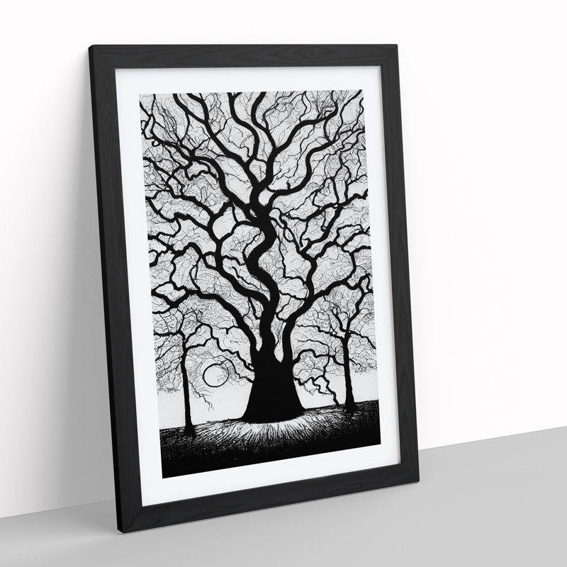 Monochrome Tree Art No.2 - Single Picture Frame Print, Black Framed, 64cm H x 46cm W x 2cm D