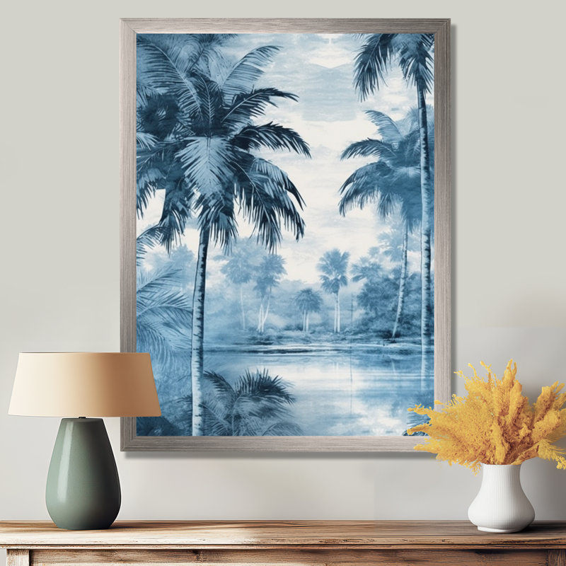 Palmiers bleus rétro, impression sur toile, palmiers, ombres, H 44 po x l 34 po x P 1,5 po, Cadre flottant brun