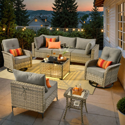 Emroy 6 - Person Wicker/Rattan Sectional Seating Group with Lighted Coffee Table and Swivel Chairs, All Weather Modular Outdoor Conversation Set with by Ebern Designs
