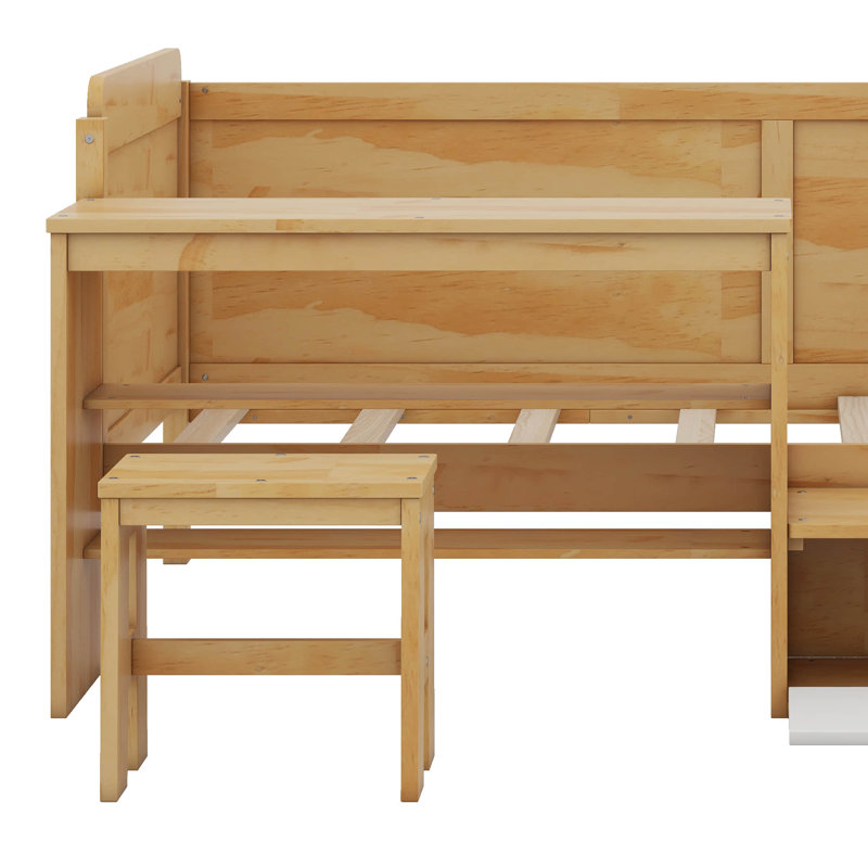 Wooden Twin Size Daybed With Storage Shelves And Lockers, Multi-Functional Bed With Study Desk And Matching Stool, Natural