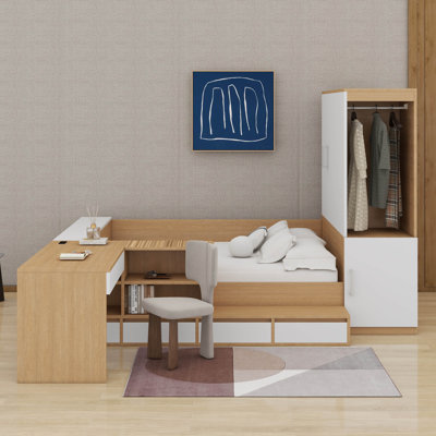 Lit plateforme double en bois avec 6 tiroirs, garde-robe, bureau et tablettes