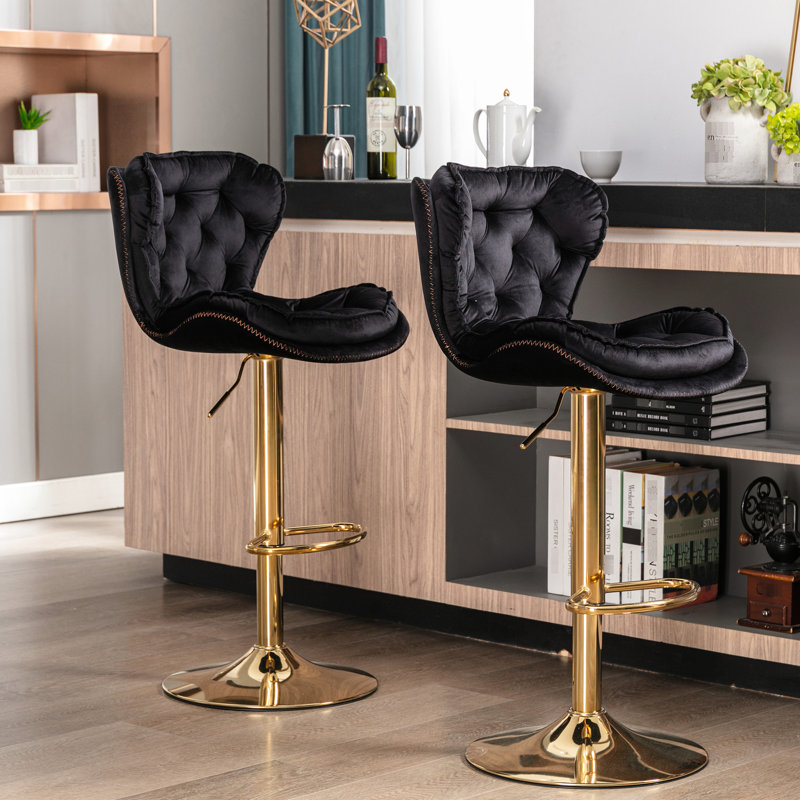 Of 2 Bar Stools, Swivel Height Adjustable Model, Footrest & Base, Velvet + Golden Leg, Black Chic Chair And Stool, Black