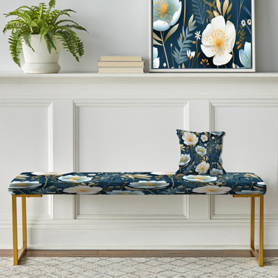 Motif de faune blanche et bleue à motif de renoncules - Banc rembourré floral doré