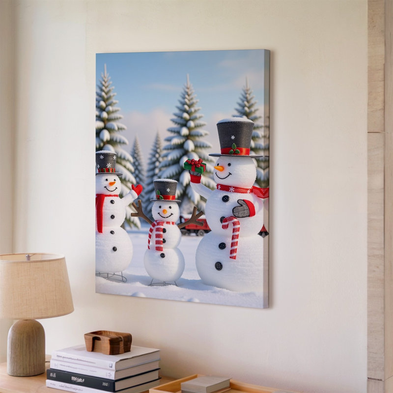 Toile, scène fantaisiste d'hiver mettant en vedette un bonhomme de neige avec une carotte, nez et yeux de charbon nichés à l'intérieur d'un grand dessus gris