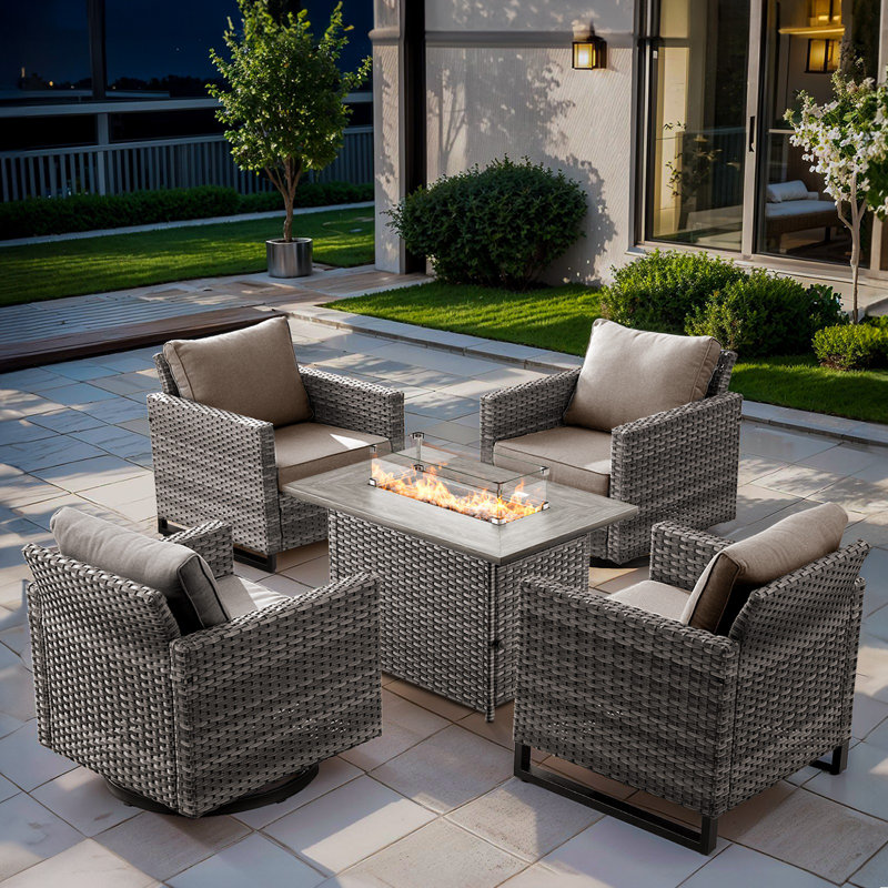 Naresa 5-Piece Outdoor Wicker Furniture Set With Swivel Glider Chairs & Fire Pit Table