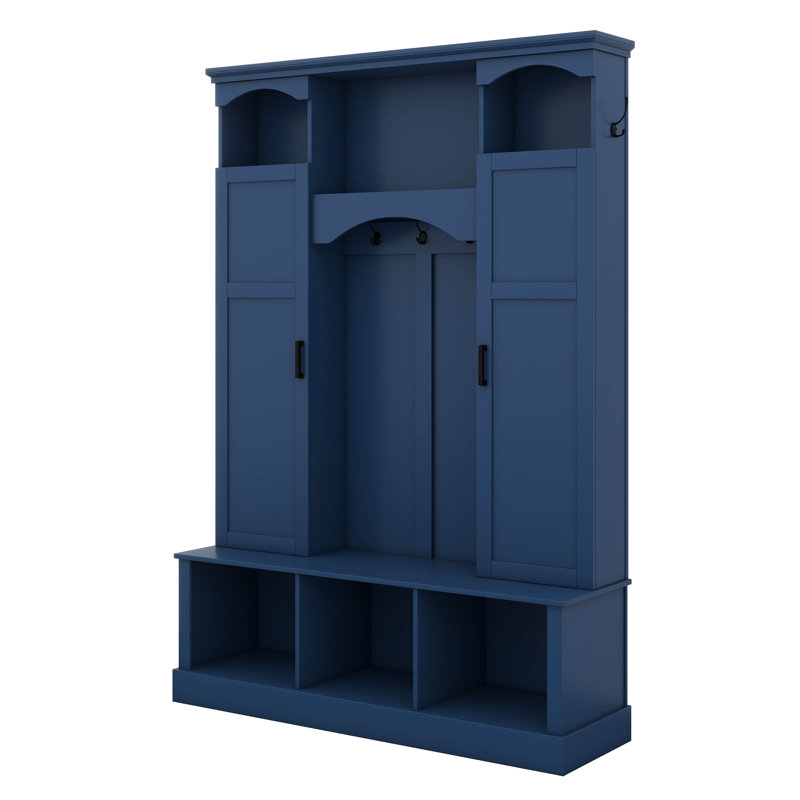 Hall Tree With Bench And Shoe Storage, Hall Tree With Adjustable Shelves, Arched Storage Bench With Cabinets, 7 Hooks, Blue