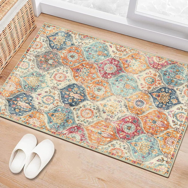 Moroccan Vaska Area Rug, 2X3 Entry Rug Non-Slip Washable Indoor Door Mat, Small Oriental Accent Throw Rug (Cream, 2X3ft)
