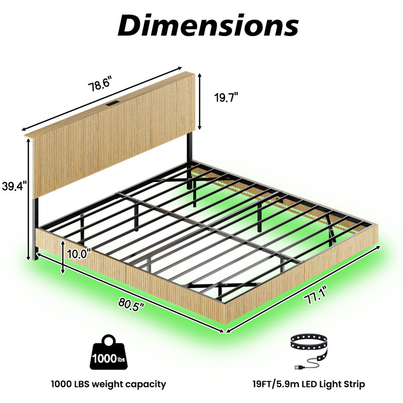 Structure de lit flottant moderne très grand avec lumières DEL et station de charge, tête de lit ondulée au fini chêne, aucun sommier nécessaire, conception à pieds cachés