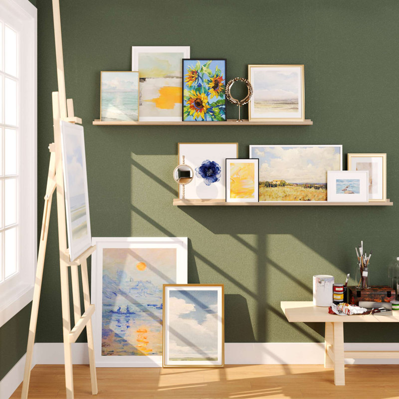 Tablette à photos, tablettes flottantes de 60 po de long, tablette de présentation pour objets de collection, tablettes murales, bibliothèque pour le salon, tablettes pour le bureau, tablettes de rangement pour le garage, naturel, 2 pièces