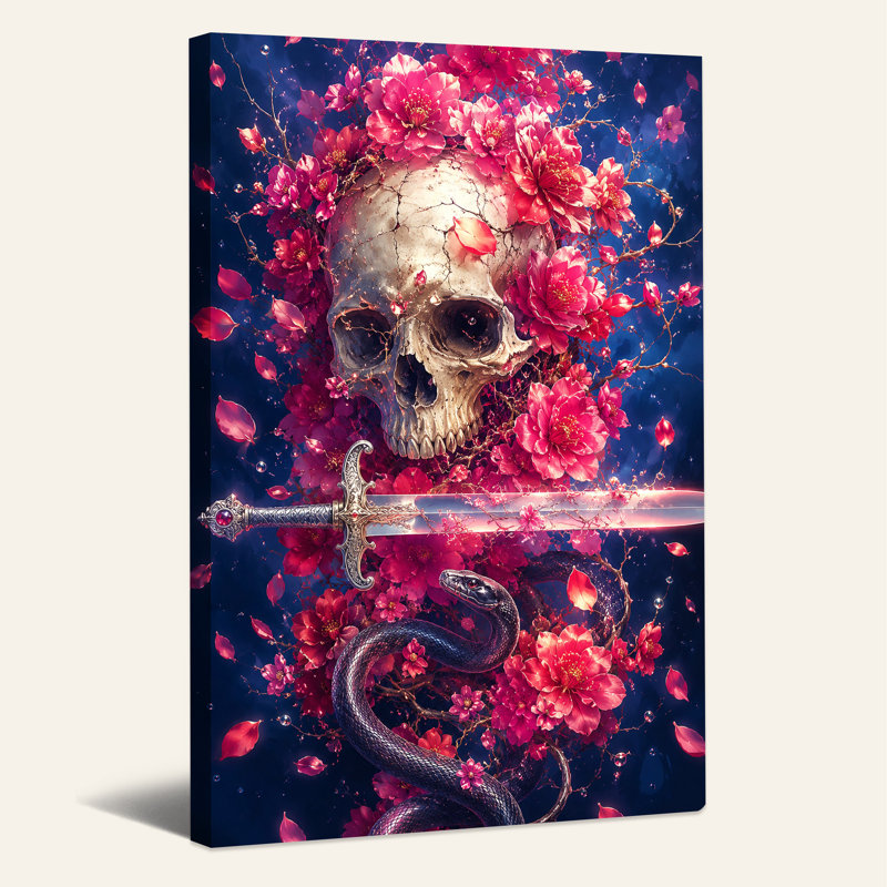 Art floral sur toile, crâne floral et épée lumineuse avec serpent noir, H 36 po x l 24 po