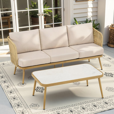 Canapé d'extérieur en osier 3 places avec table basse pour patio et jardin