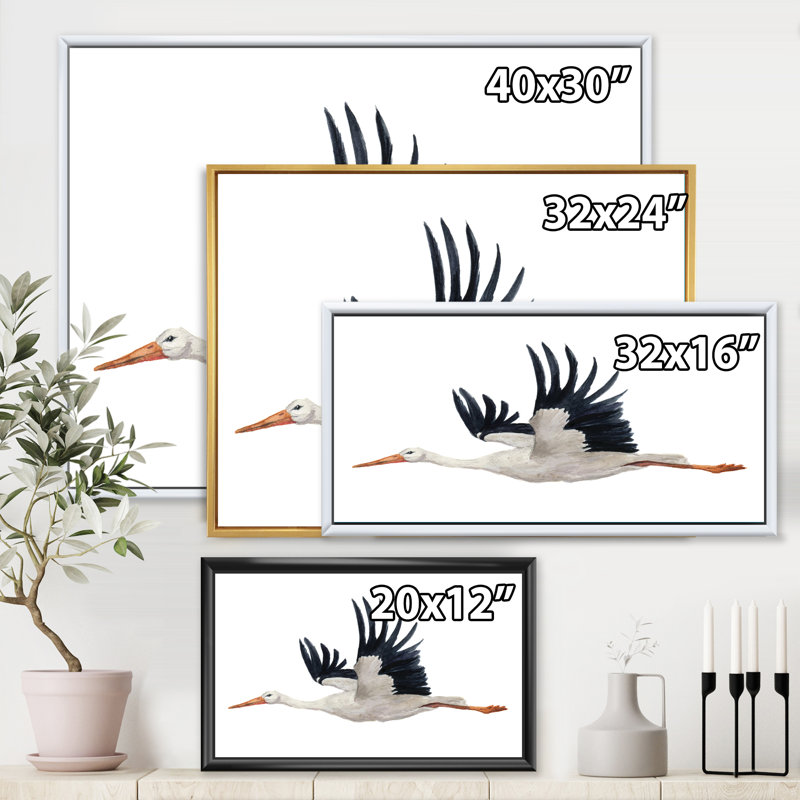 Cigogne volante avec une cigogne blanche - peinture sur toile, H 24 po x l 32 po x P 1 po, Cadre noir