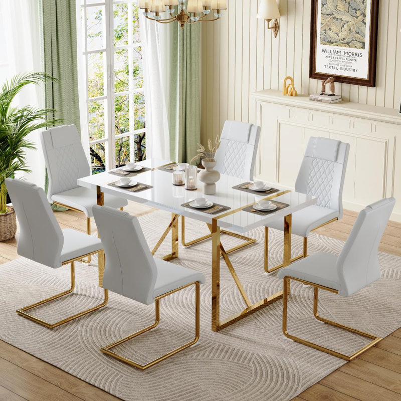 Ensemble de salle à manger rectangulaire L 31,5 po x l 55,12 po Minday, Doré, 7, Blanc / Doré