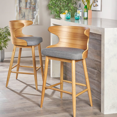 Tabourets de bar d'inspiration Mid-Century, revêtement gris, bois d'hévéa, hauteur de 41 po, 2 chaises, revêtement en tissu, ht