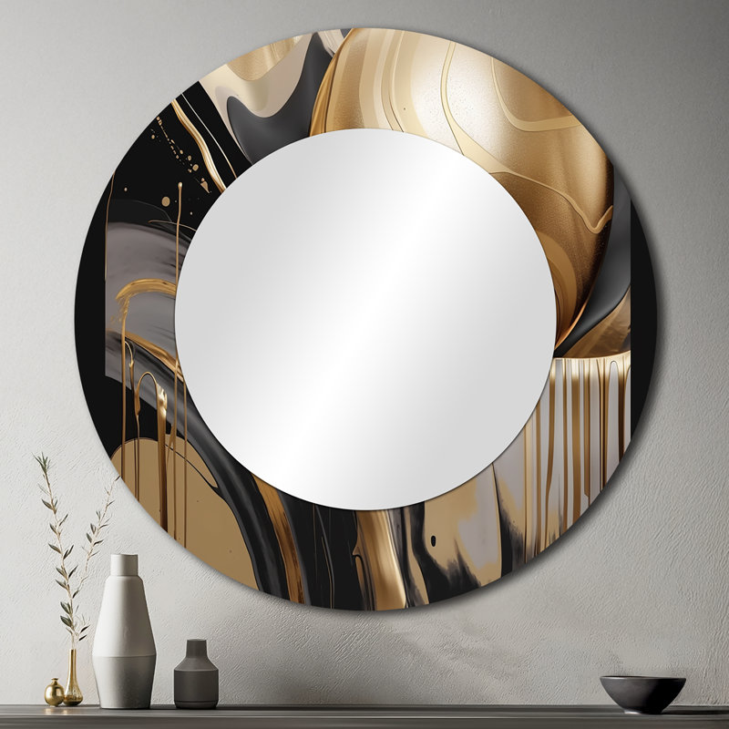 Rabush Gold And Black Captivating Marble IV - Marble Wall Mirror, Modern Round Decorative Mirror, Printed Metal Art