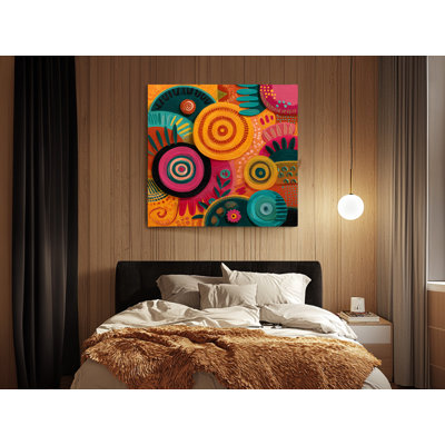 Reproduction d'art bohème abstrait géométrique, cercles concentriques colorés, motif floral multicolore, toile tendue avec châssis, reproduction de peinture