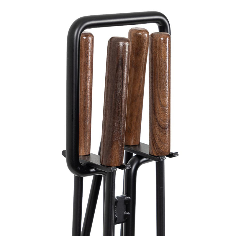 Modern Black and Walnut Steel Fireplace Tool Set with Wood Handles