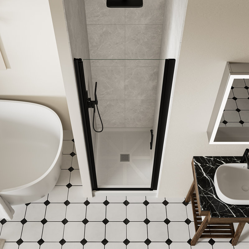 28-29.4" W x 72" H Frameless Shower Door, Pivot Shower Glass Doors with 1/4" (6mm) Clear SGCC Tempered Glass, Matte Black Swing Shower door out of Plumb Adjustability