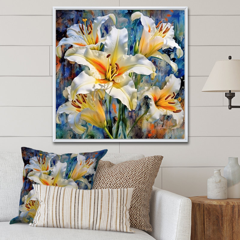 «White and Yellow Elegant Lily P pureté I» sur toile imprimée, Cadre flottant blanc, H 16 po x l 16 po x P 1 po