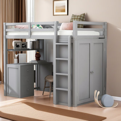 Loft Bed With Drawers,Desk,And Wardrobe