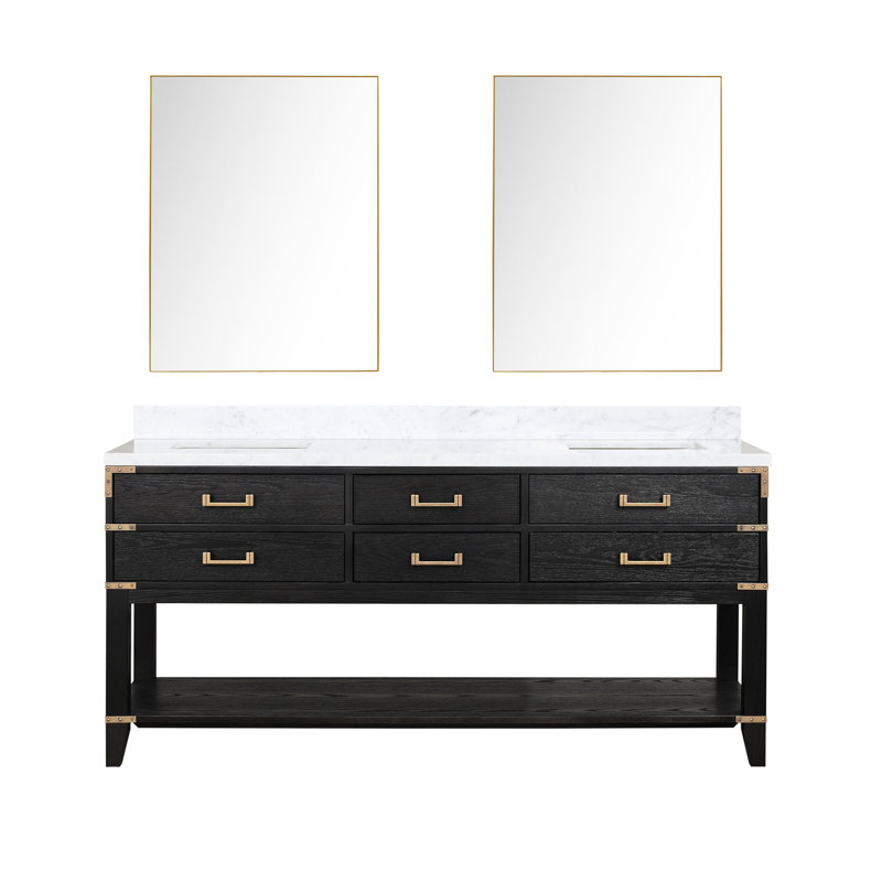 72 po De salle de bain double en chêne noir avec plateau en marbre scellé, 34 miroirs et beaucoup de rangement pour la salle de bain