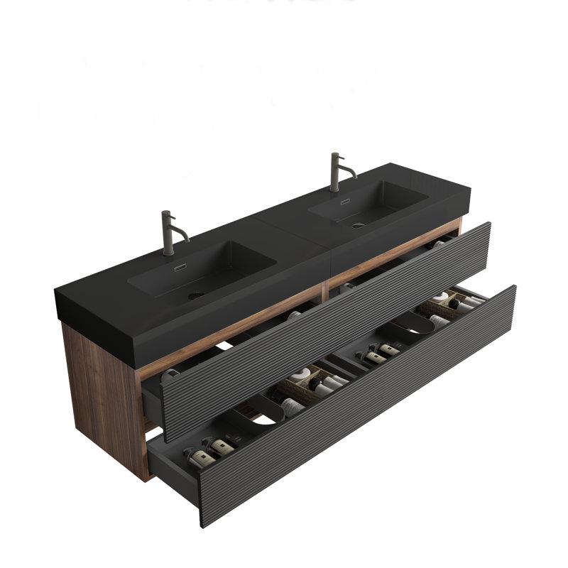 Yulani 72" Wall-Mounted Bathroom Vanity with Engineered Quartz Sinks & Drawers, Matt Black