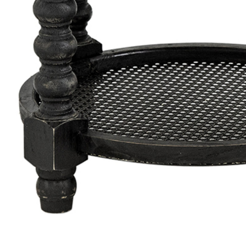 D23.5 x 25" Round Three Tiered Side Table with Rattan Shelf, Black, Black