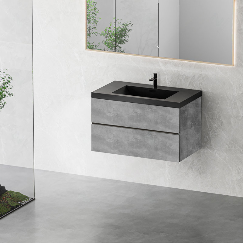 Meuble-lavabo flottant 36 po avec lavabo, meuble-lavabo mural avec lavabo à quartz noir et tiroirs à fermeture en douceur entièrement assemblés