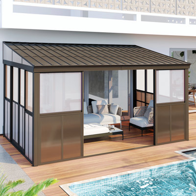 10' x 14' Wall-Mounted Sunroom, Lean-to Gazebo with Galvanized Steel Roof, Aluminum Frame, 6mm UV-Resistant Polycarbonate Panels & 3-Sided Sliding Doors for Patio, Garden & Backyard