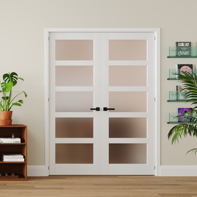 Intérieur Porte à 5 panneaux en verre givré avec porte de garde-manger pré-montée à panneau de base solide avec bande à assemblage rapide