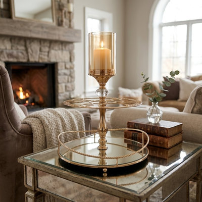 Golden Metal Candle Holder with Mirrored Tray