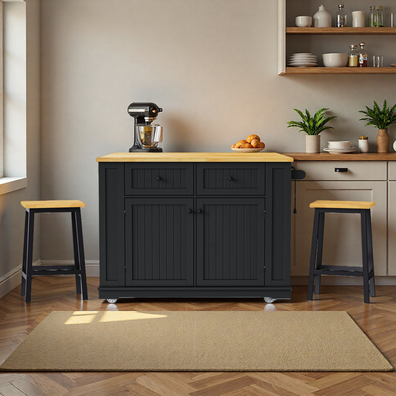 48Inch Large Kitchen Island With 2 Bar Stools, Power Outlet, Door Internal Storage Rack, Kitchen Storage Cart On 5 Wheels With Drop Leaf, 5 Open Side Racks, 2 Drawers