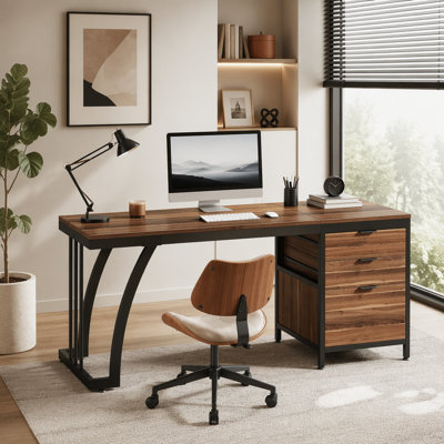 Spacious Industrial Study Desk with Reversible Storage Cabinet for Efficient Home Office Organization and Work.