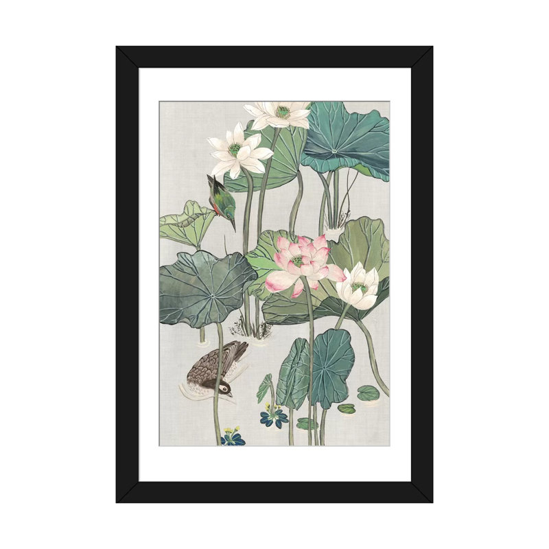 «Lotus Pond II», reproduction sur toile, H 24 po x l 16 po x P 1 po, Papier beaux-arts encadré noir, Blanc