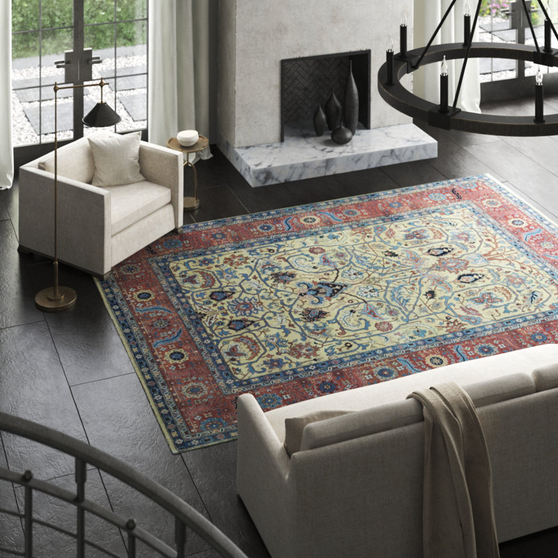 Wool Oriental Area Rug in Gold/Rust/Blue