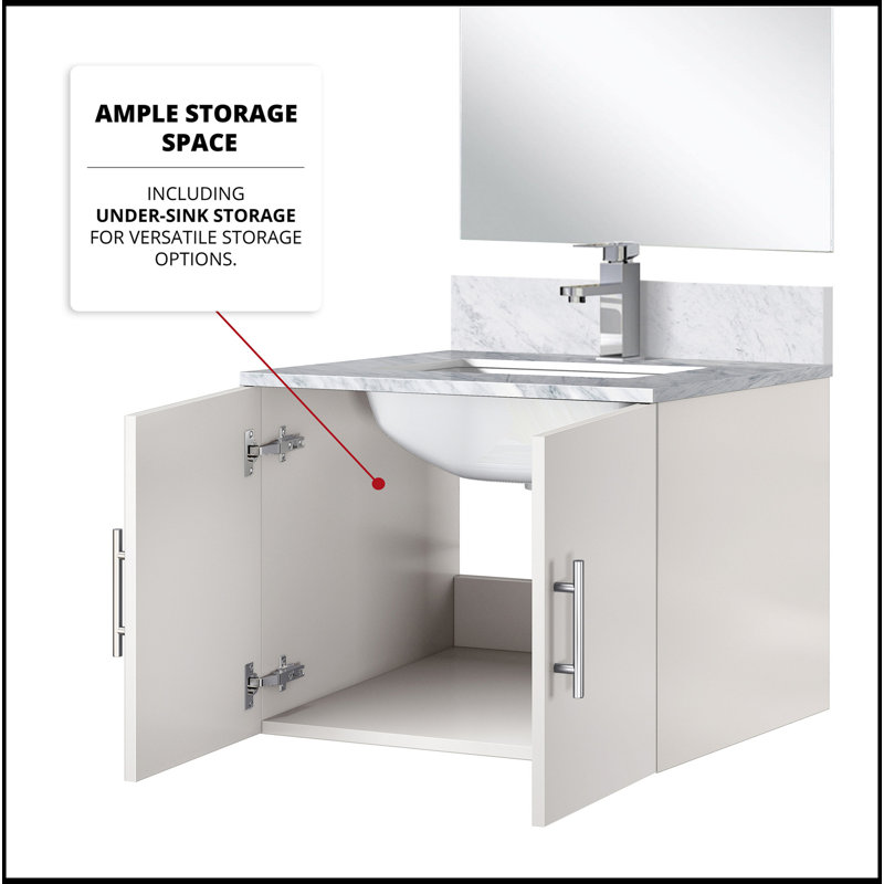 Meuble-lavabo simple blanc lustré 24 po X P 22 po D, comptoir en marbre de Carrare, 18 po Ensemble miroir et robinet