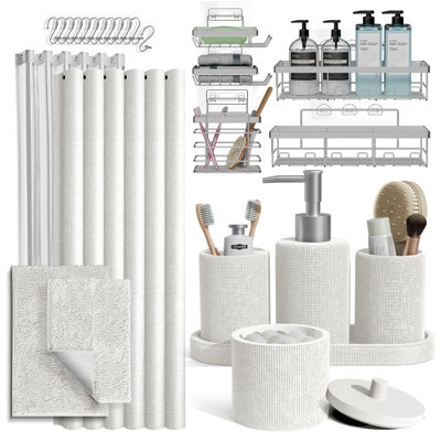Ensemble d'accessoires de salle de bain 26 pièces avec rideau de douche, tapis et organisateur de panier de douche Clara Clark