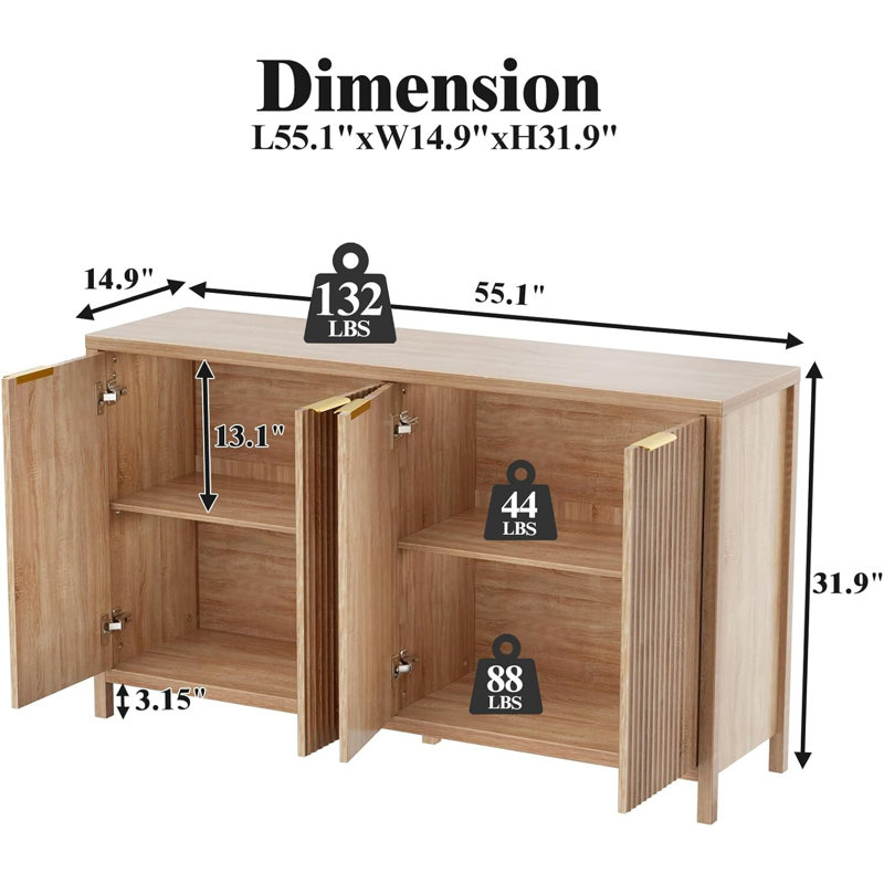 Buffet cannelé cannelé, grande armoire de rangement 55 po avec 4 portes et tablettes réglables, console moderne pour salon, cuisine et salle à manger - chêne naturel