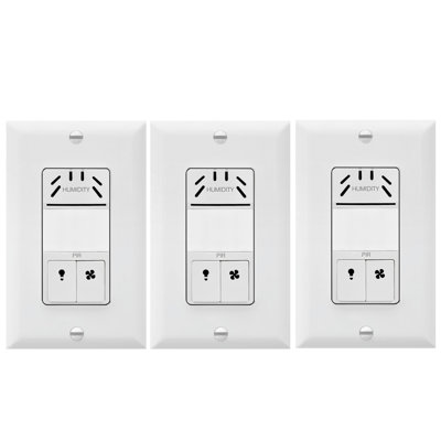 Top Greener Humidity Sensor Switch With Motion Detector, Bath Fan and Light Control - White, With Wall Plate (3-Pack)