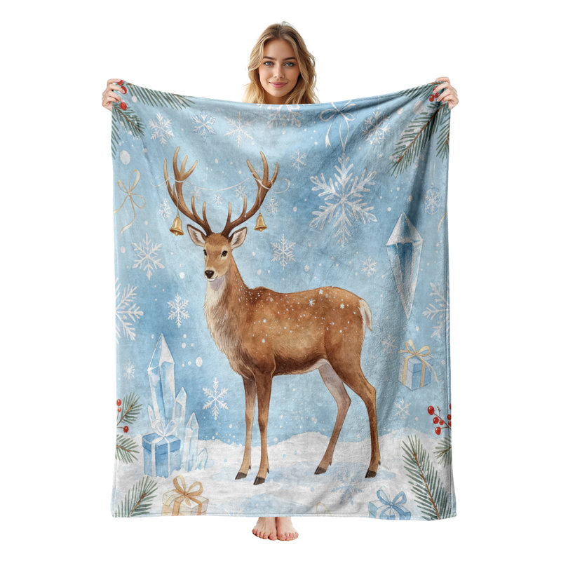 Couverture polaire en flanelle JYK pour lit simple, motif cerf cristal, idéale pour Noël. Légère, respirante, douce et chaude en microfibre pelucheuse, 152 x 203 cm.