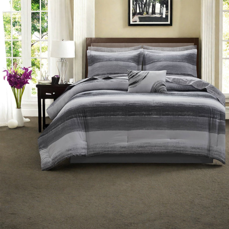 Premium Cal King Bedding Set In Microfiber, Modern Black Striped Design For Home