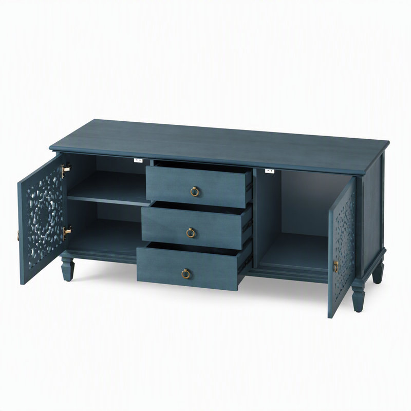 Meuble télé avec tiroirs creux sculptés Farmhouse, Bleu antique